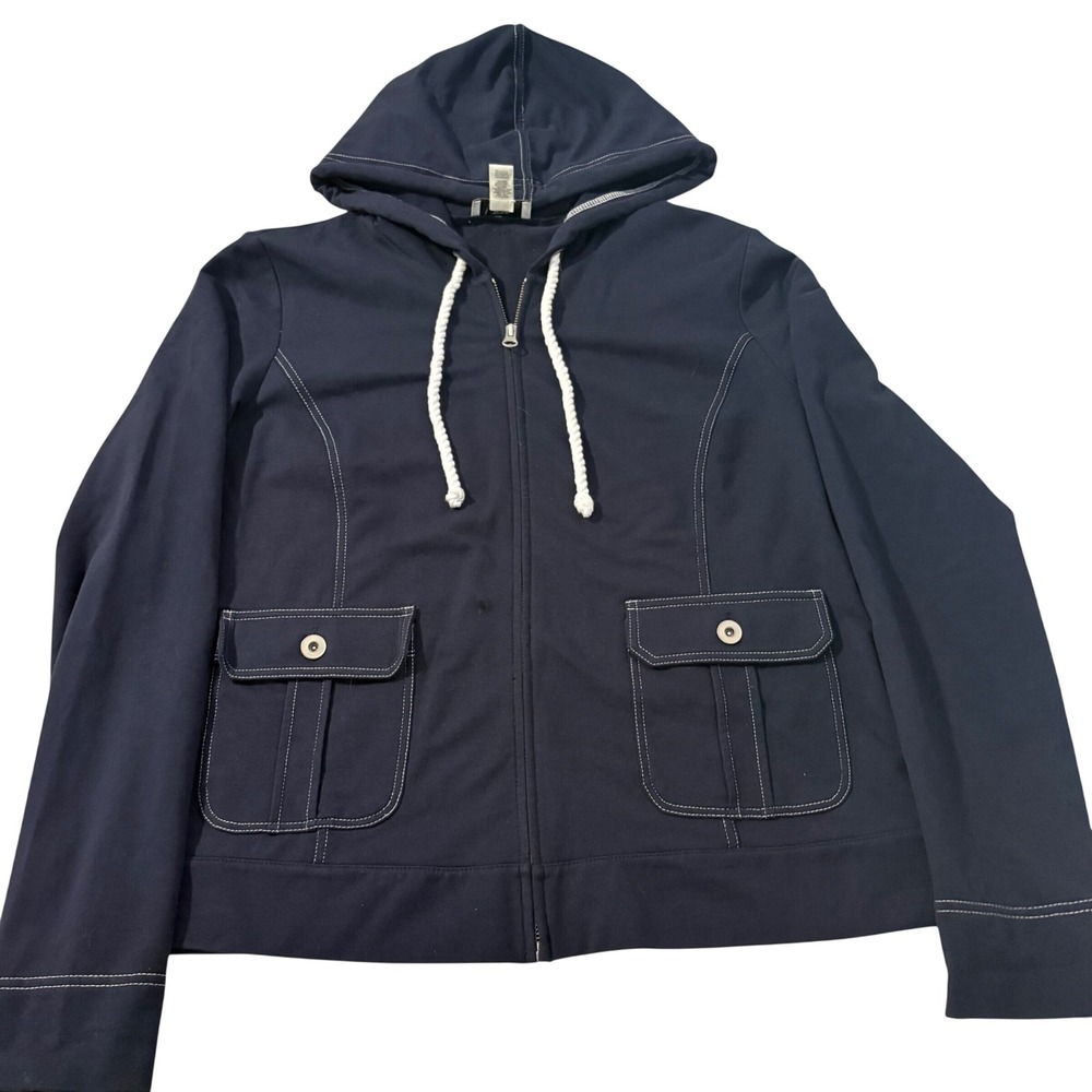 Ann Taylor Loft Navy Blue Zip Up Hoodie Contrast Stitch Utility Pockets L Layer